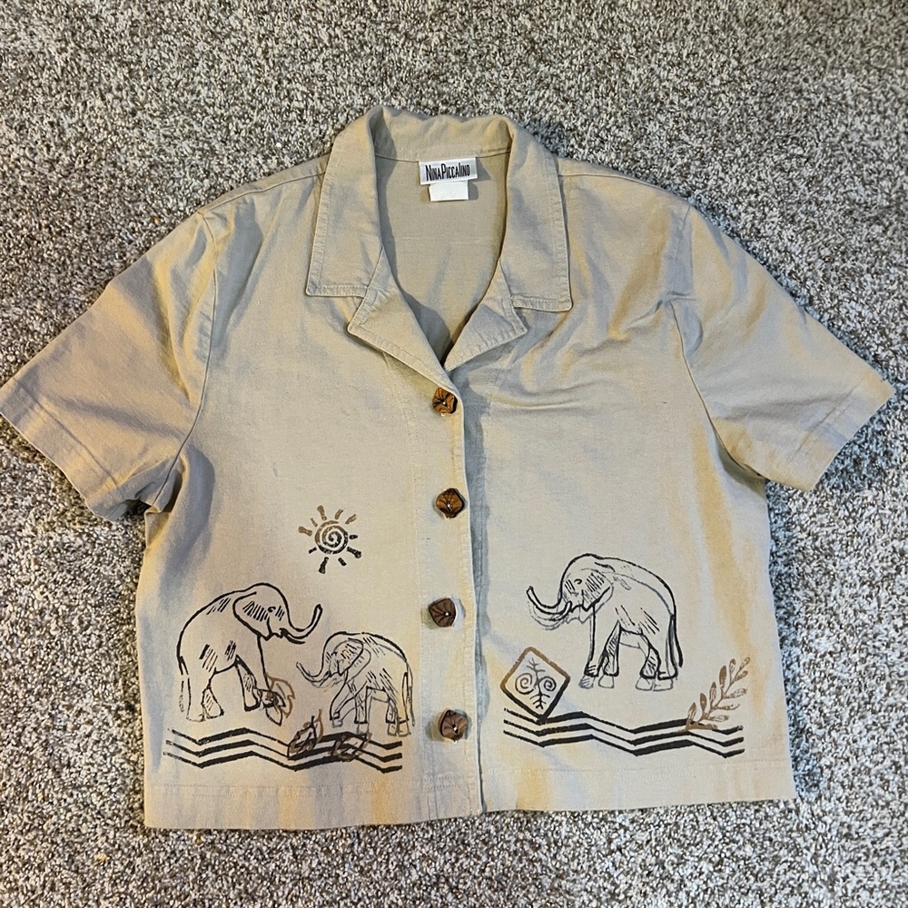Nina Piccalino Vintage Beige Elephant Print Button Down Shirt with Wooden Button